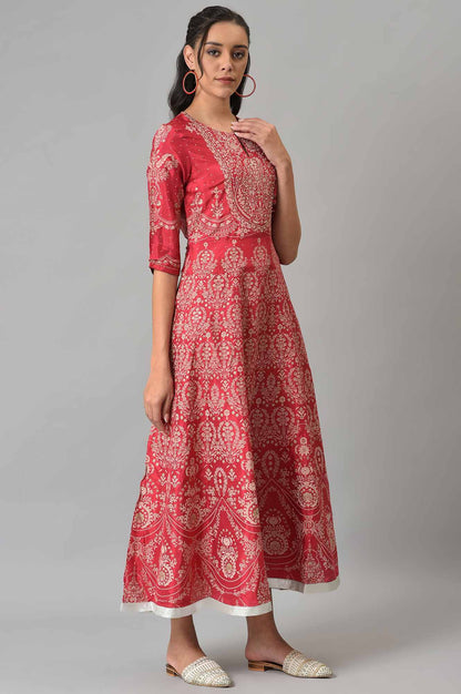 W for Woman Maroon Floral Printed Flared Shantung Festive Dress