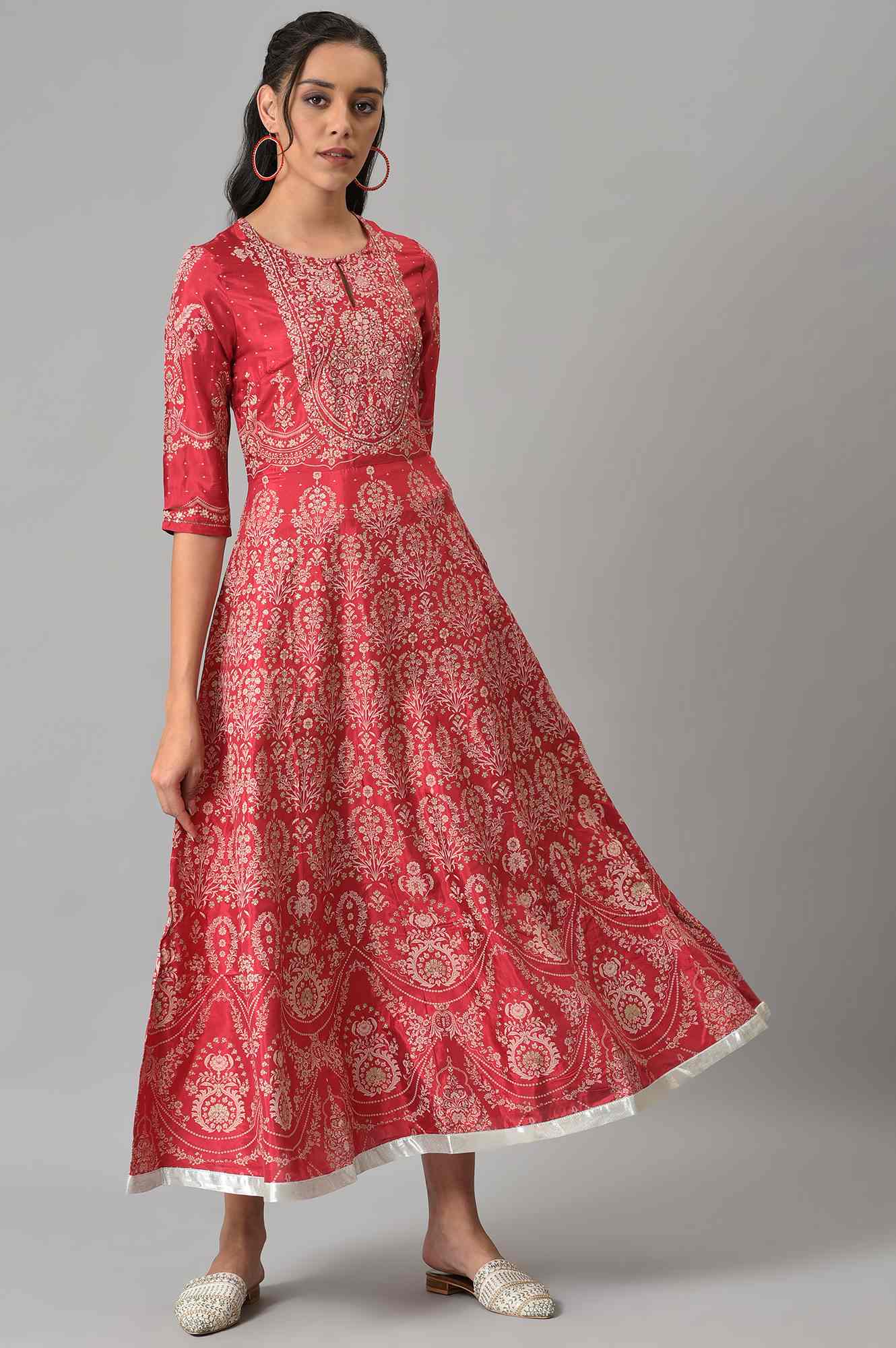 W for Woman Maroon Floral Printed Flared Shantung Festive Dress