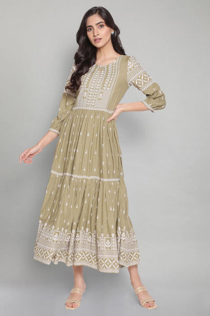 W for Woman Tea Green Printed Tiered Dress