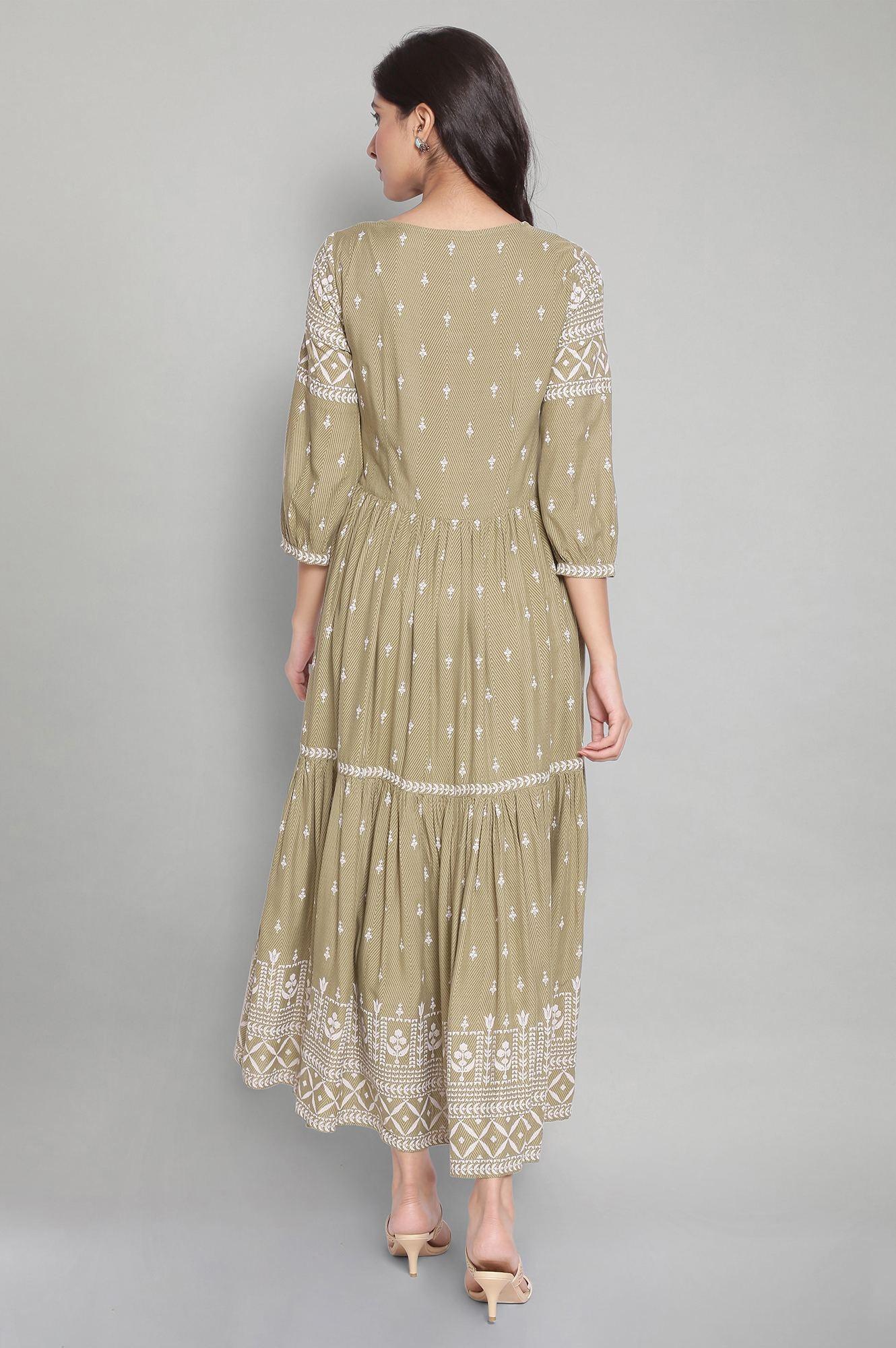 W for Woman Tea Green Printed Tiered Dress