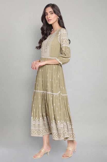 W for Woman Tea Green Printed Tiered Dress