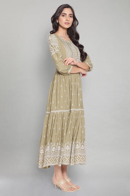 W for Woman Tea Green Printed Tiered Dress