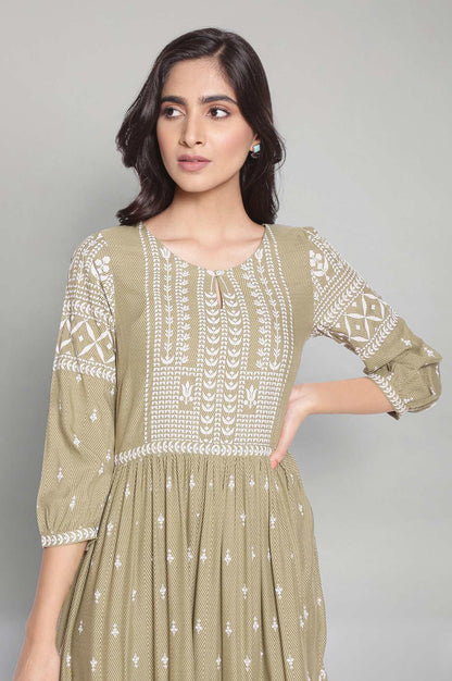 W for Woman Tea Green Printed Tiered Dress
