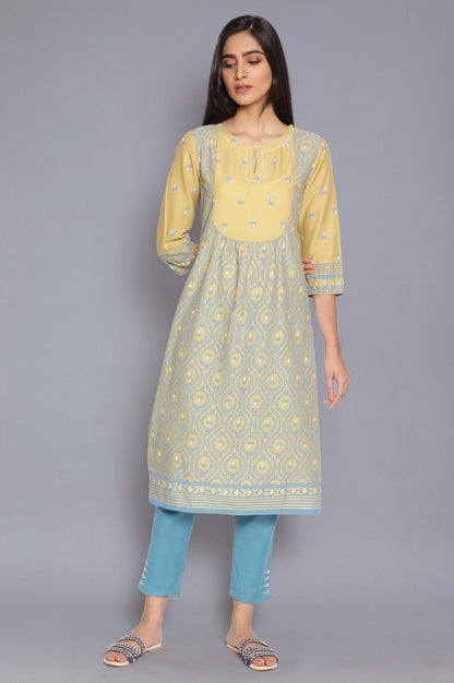 W for Woman Pale Yellow and Stone Blue kurta