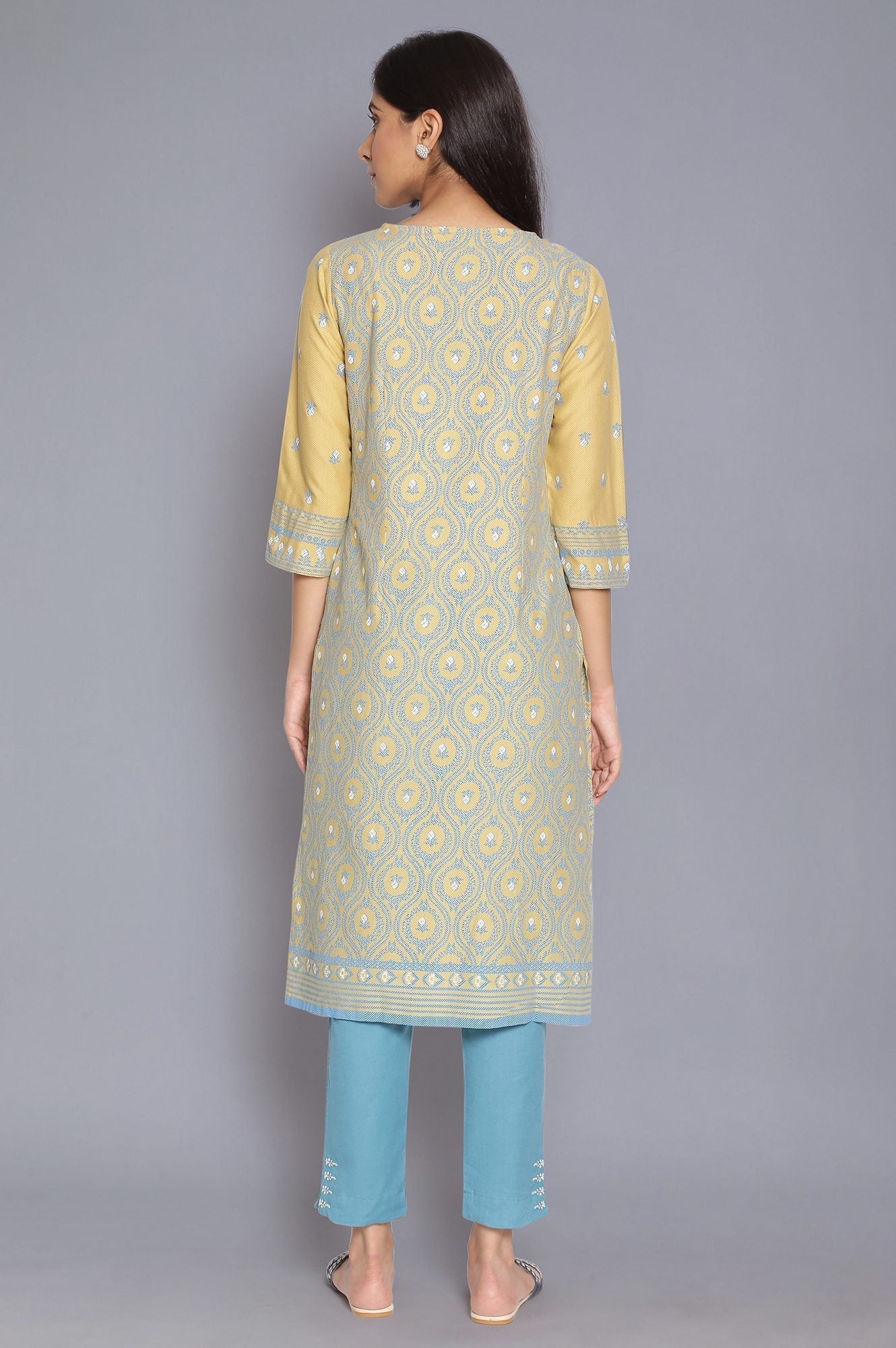 W for Woman Pale Yellow and Stone Blue kurta