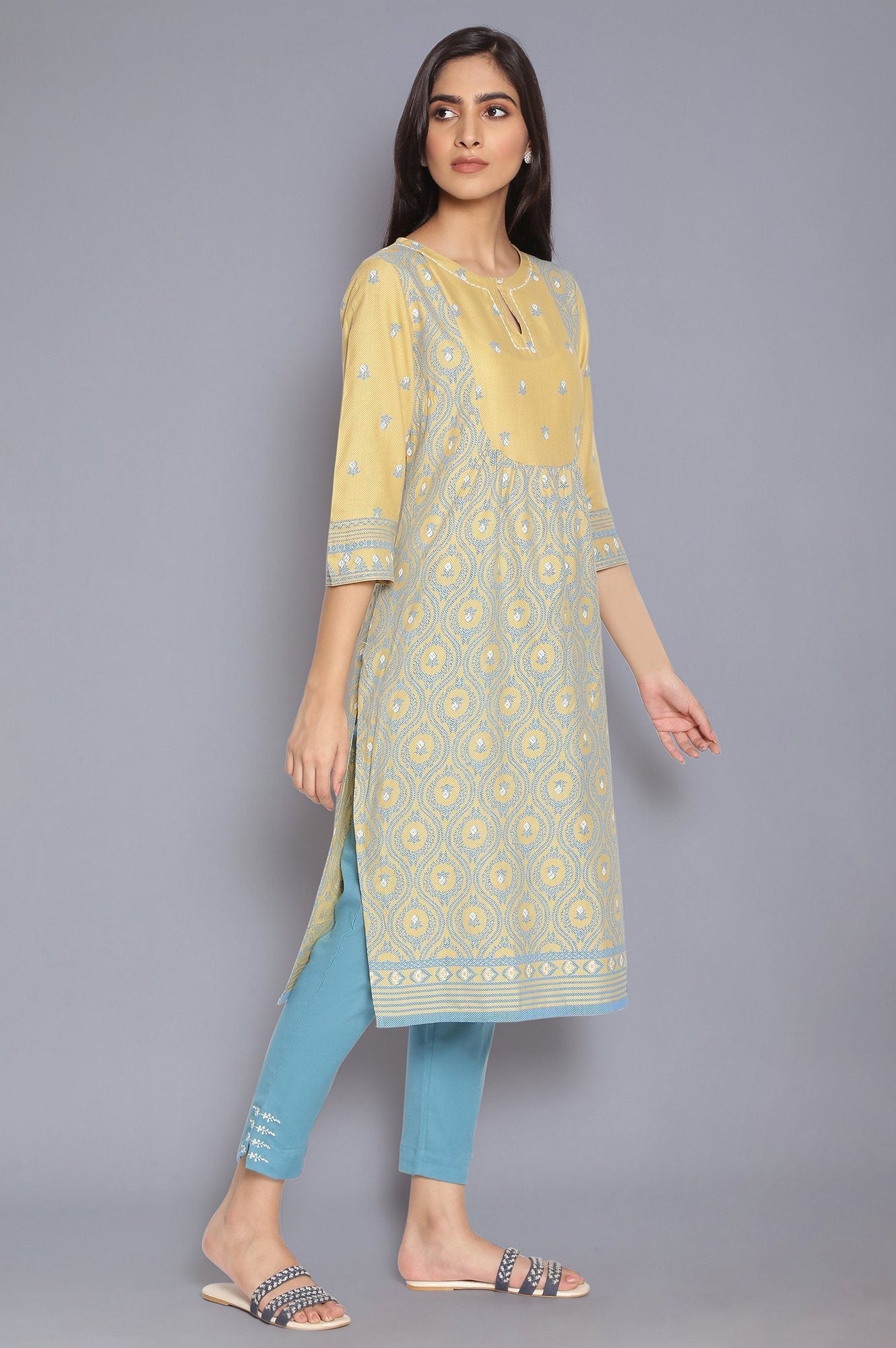 W for Woman Pale Yellow and Stone Blue kurta
