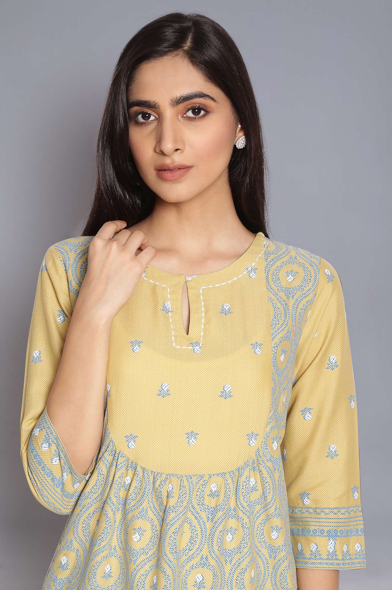 W for Woman Pale Yellow and Stone Blue kurta