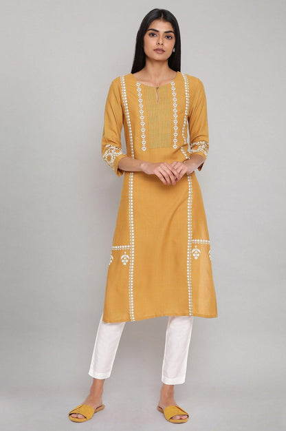 W for Woman Yellow Placement Print kurta with Embroidery