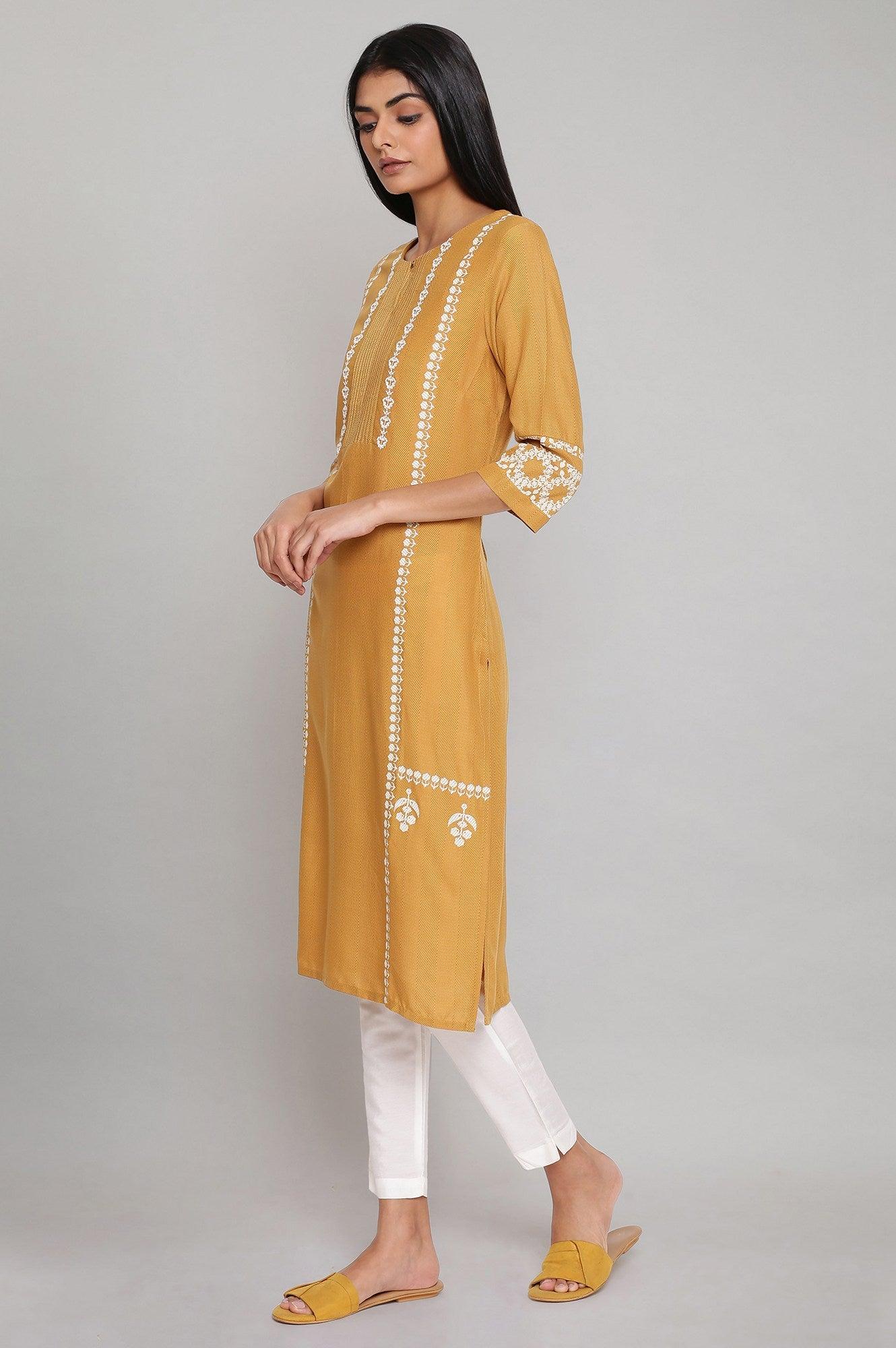 W for Woman Yellow Placement Print kurta with Embroidery