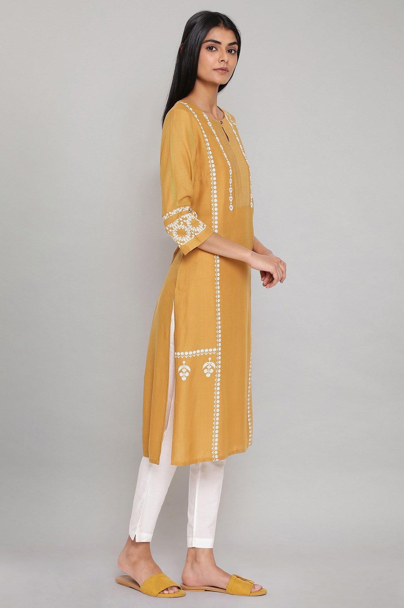 W for Woman Yellow Placement Print kurta with Embroidery