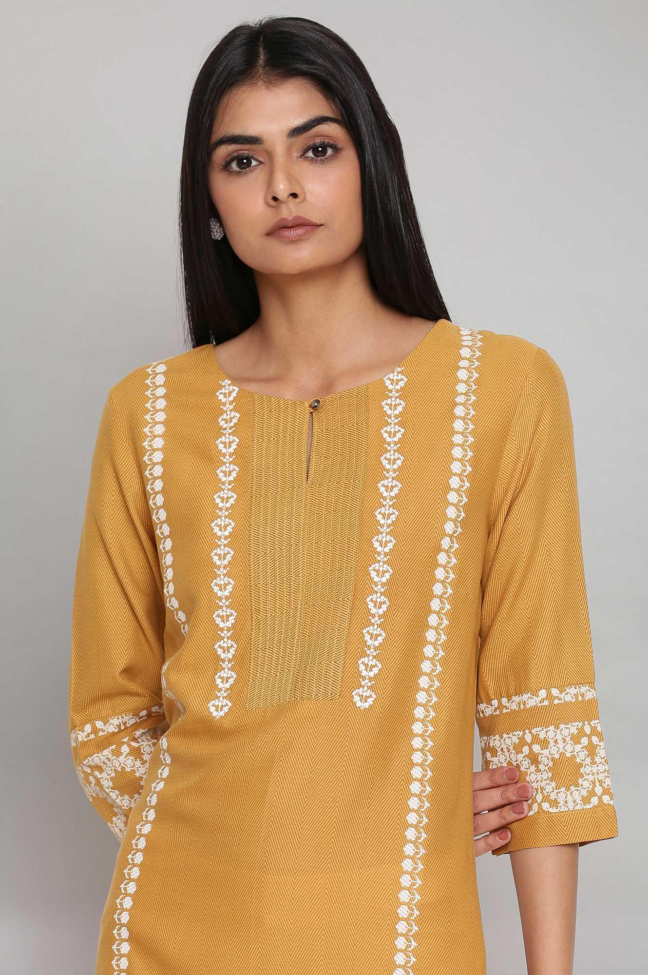 W for Woman Yellow Placement Print kurta with Embroidery