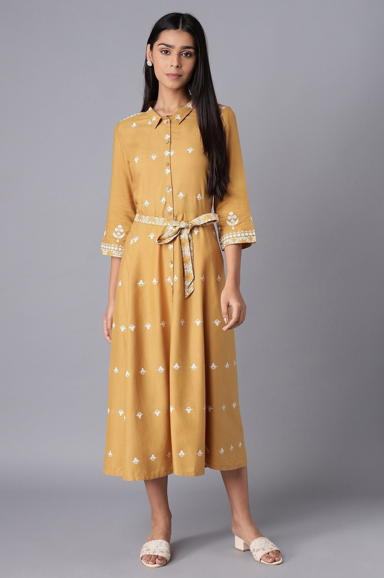 W for Woman Yellow Flared Panelled Dress