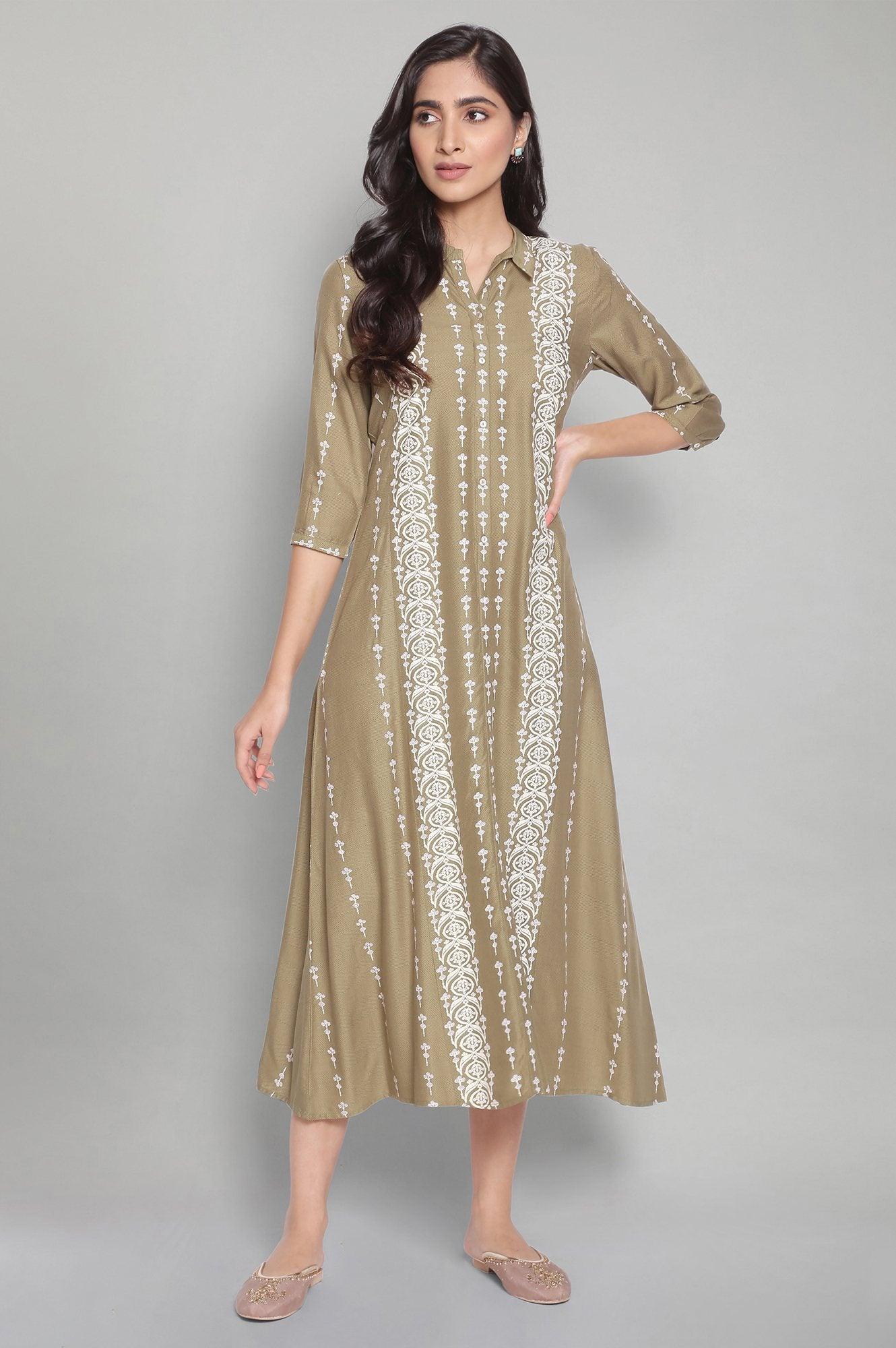 W for Woman Olive Green A-Line long Dress