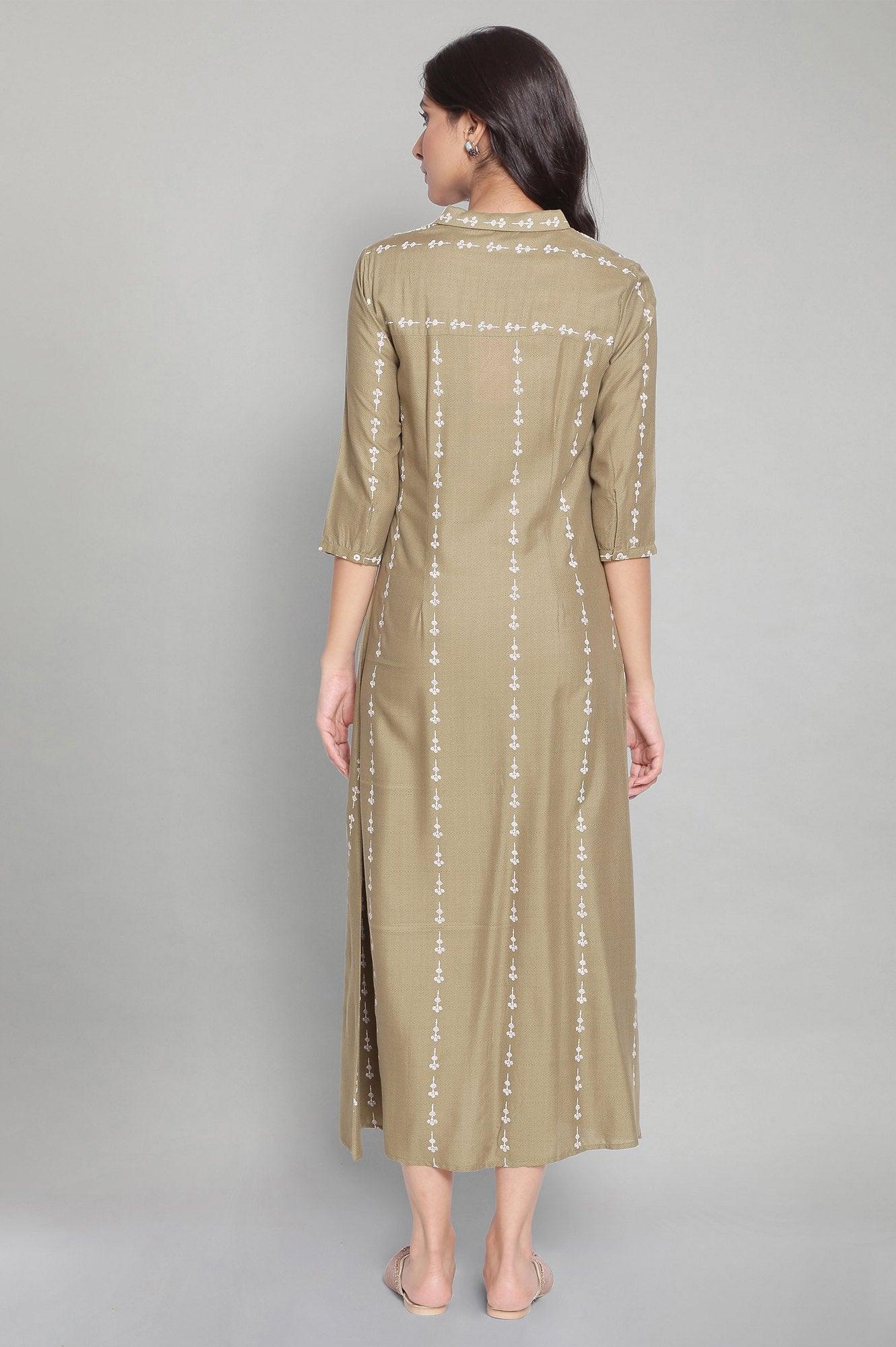 W for Woman Olive Green A-Line long Dress
