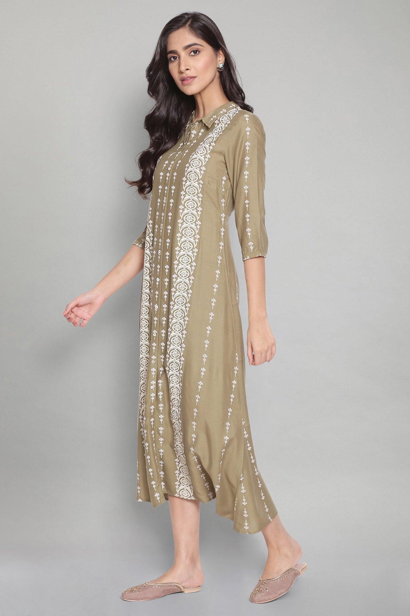 W for Woman Olive Green A-Line long Dress