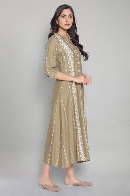 W for Woman Olive Green A-Line long Dress