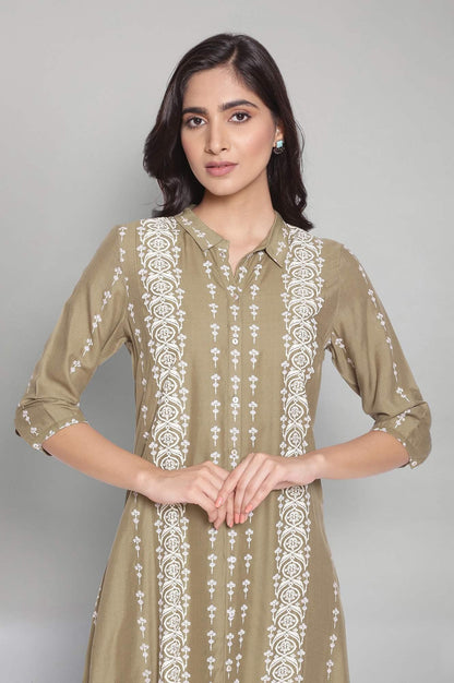W for Woman Olive Green A-Line long Dress
