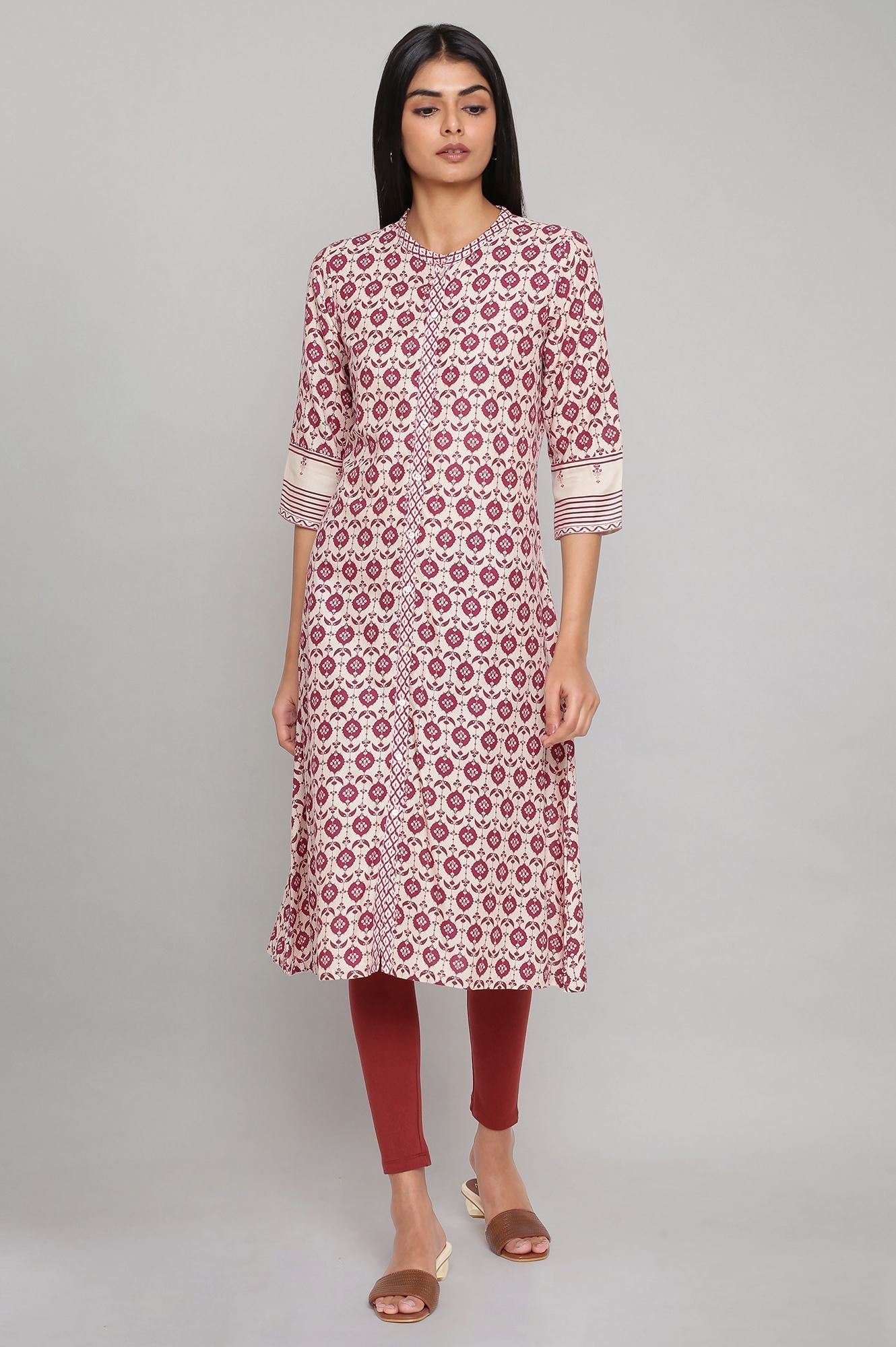 W for Woman Maroon Printed Full Placket kurta
