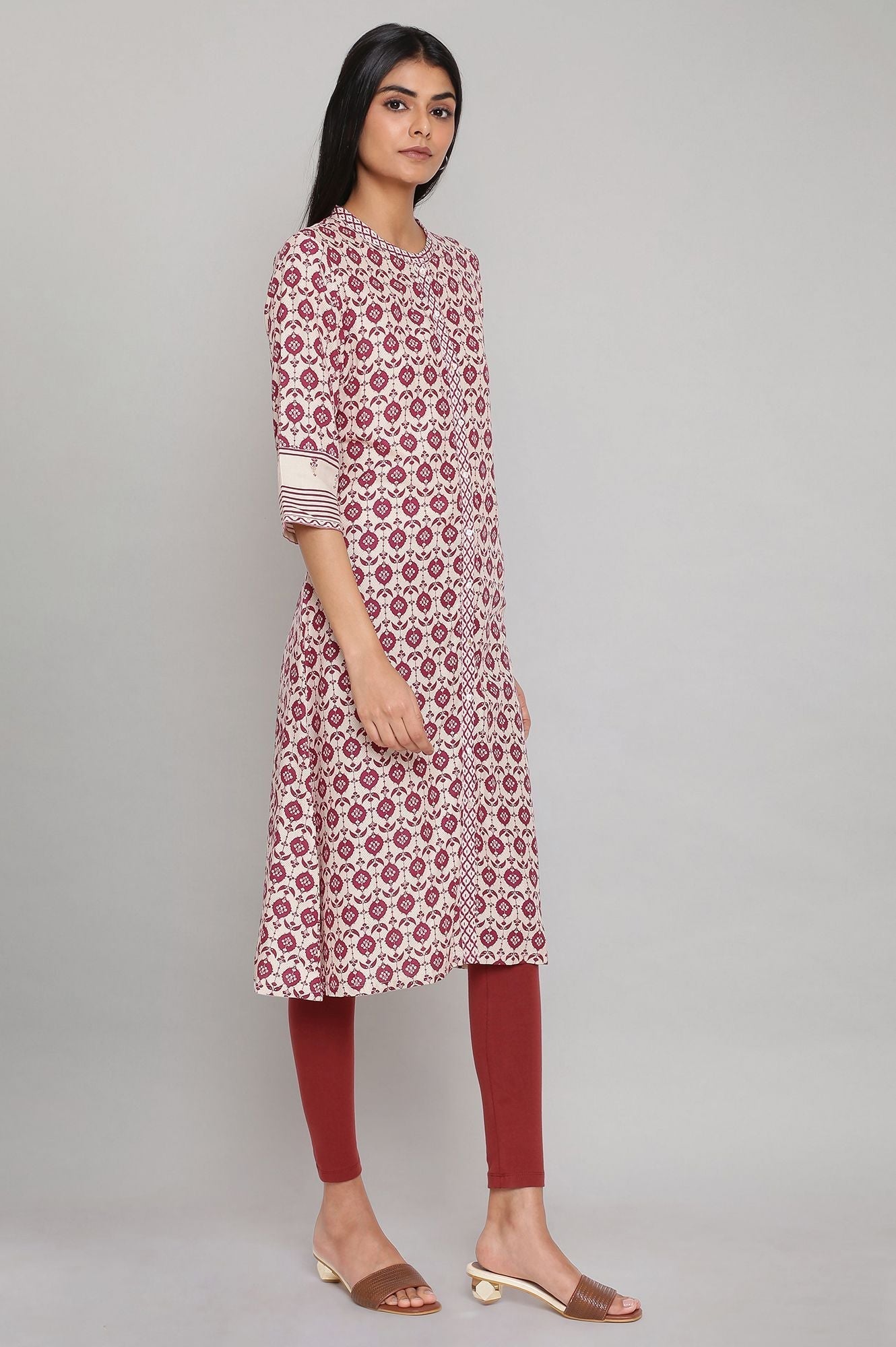 W for Woman Maroon Printed Full Placket kurta