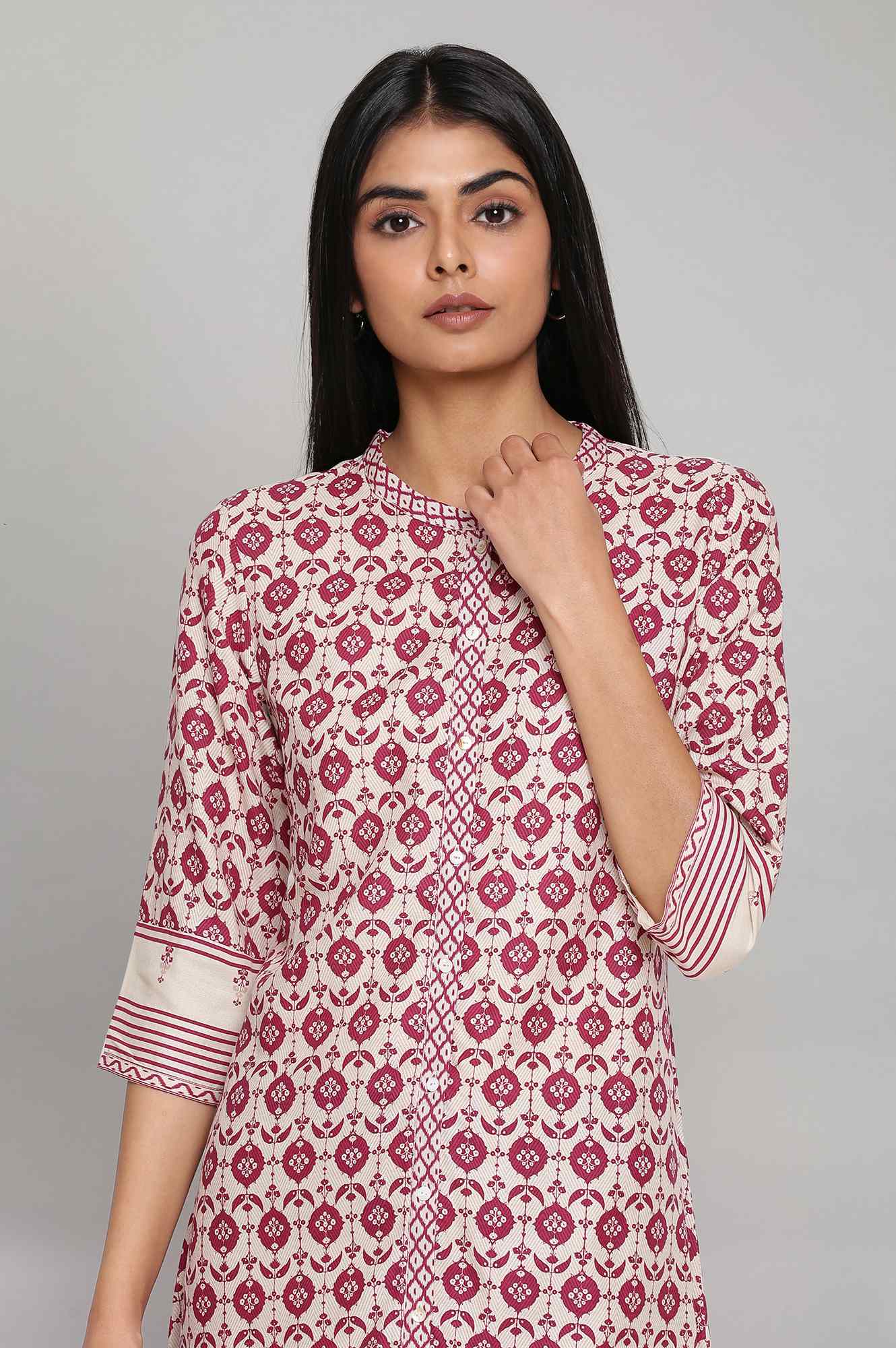 W for Woman Maroon Printed Full Placket kurta