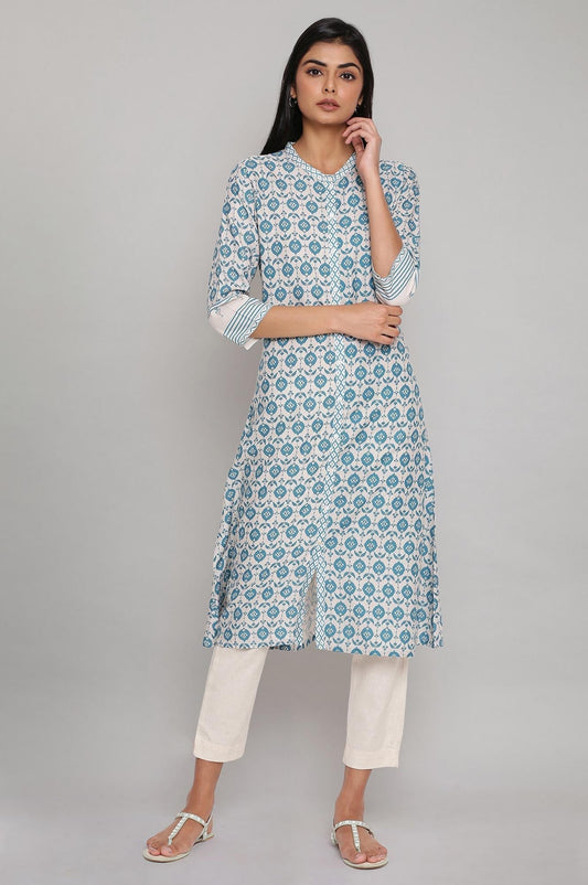 W for Woman Light Blue Printed Full Placket kurta