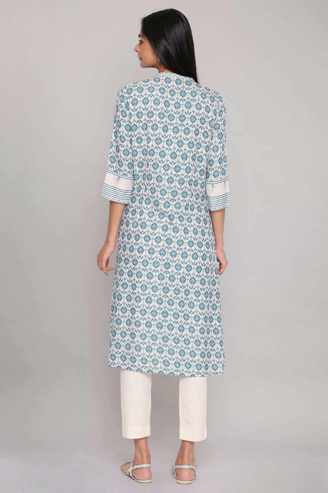 W for Woman Light Blue Printed Full Placket kurta