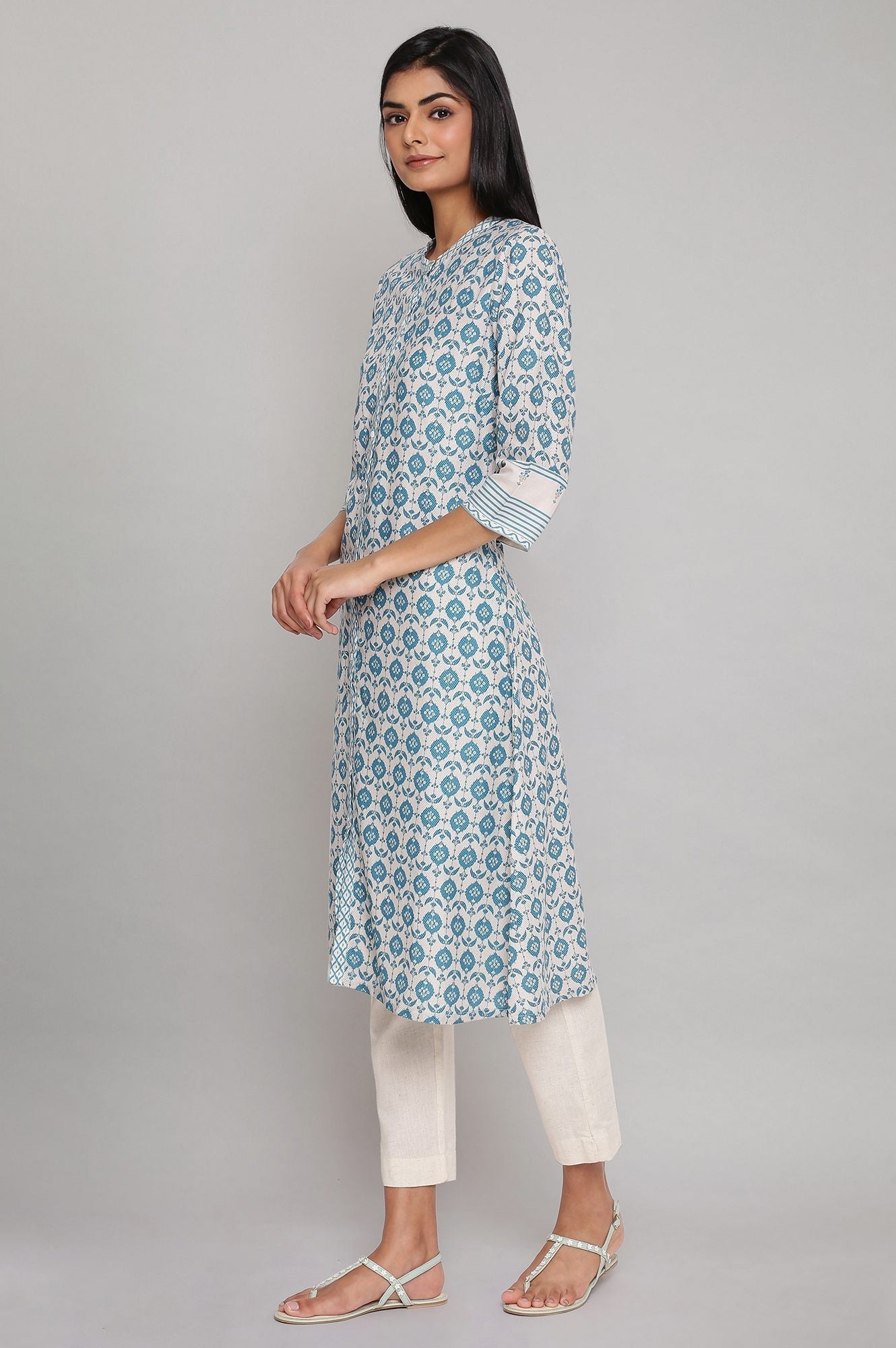 W for Woman Light Blue Printed Full Placket kurta
