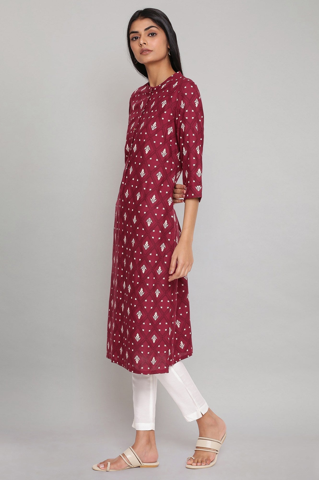 W for Woman Maroon Printed Button Down kurta