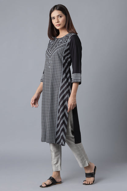 W for Woman Black Floral Print Straight kurta