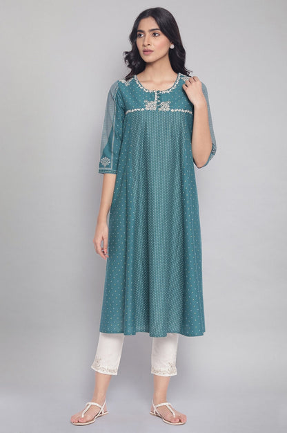 W for Woman Green Polka Dots Printed Flared kurta