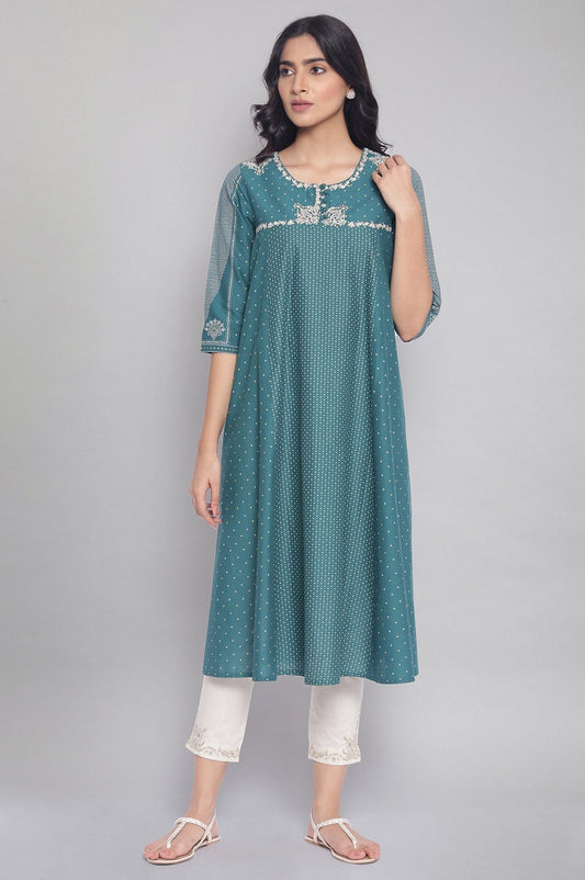 W for Woman Green Polka Dots Printed Flared kurta
