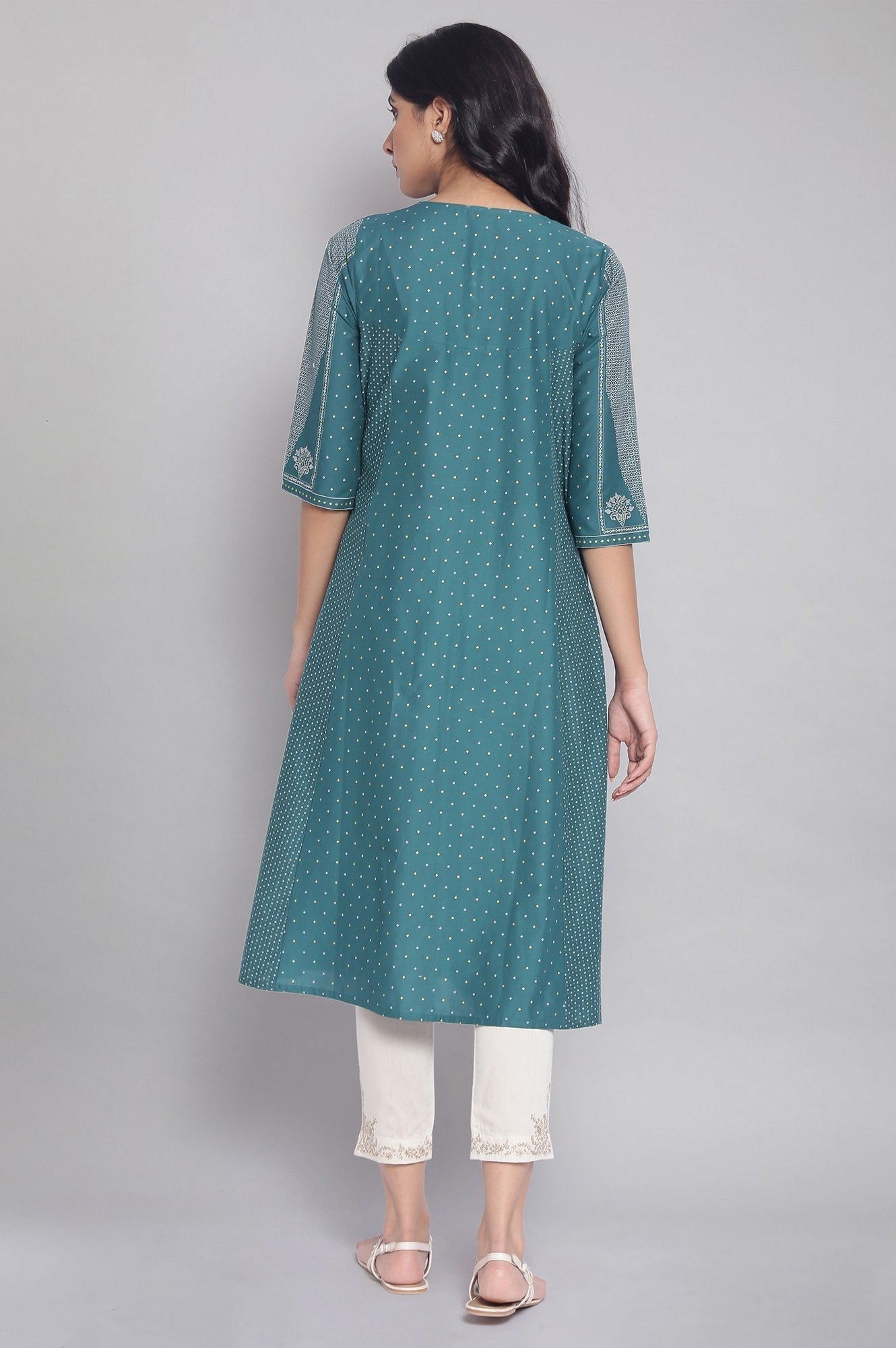 W for Woman Green Polka Dots Printed Flared kurta