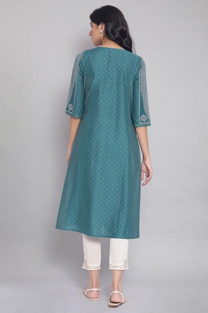 W for Woman Green Polka Dots Printed Flared kurta