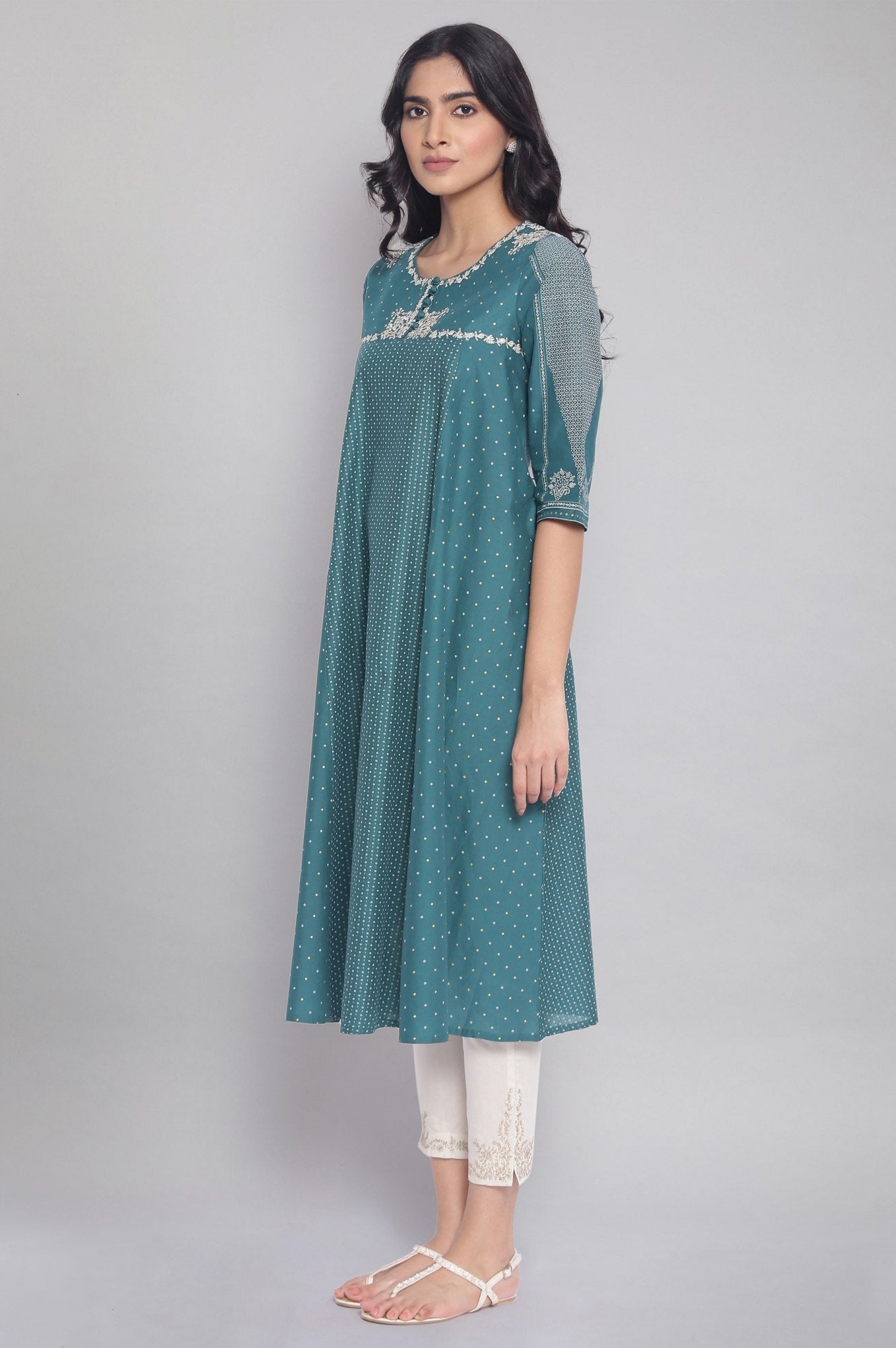 W for Woman Green Polka Dots Printed Flared kurta
