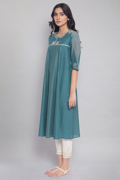 W for Woman Green Polka Dots Printed Flared kurta