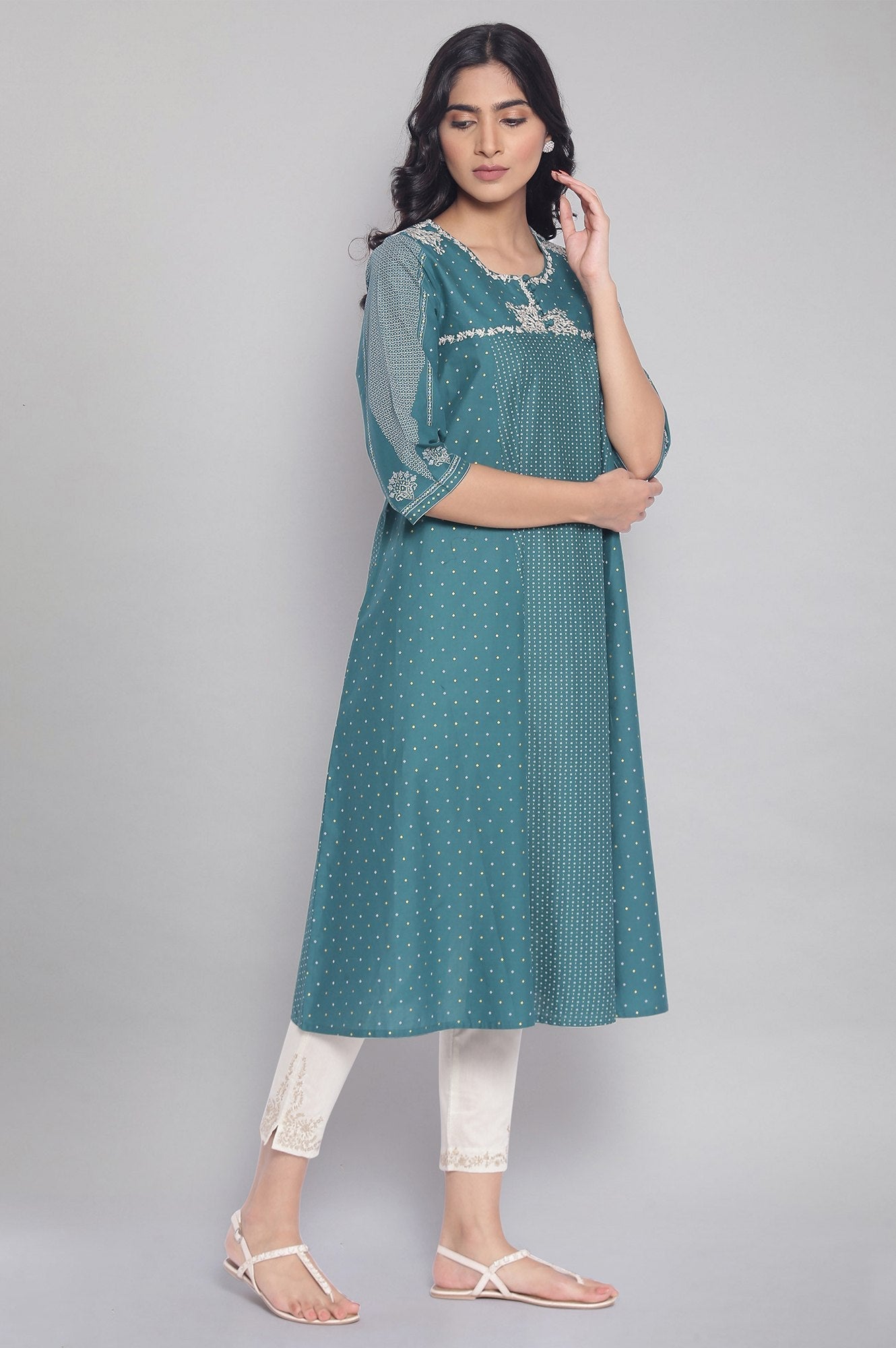 W for Woman Green Polka Dots Printed Flared kurta