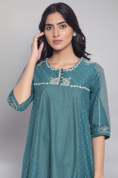 W for Woman Green Polka Dots Printed Flared kurta