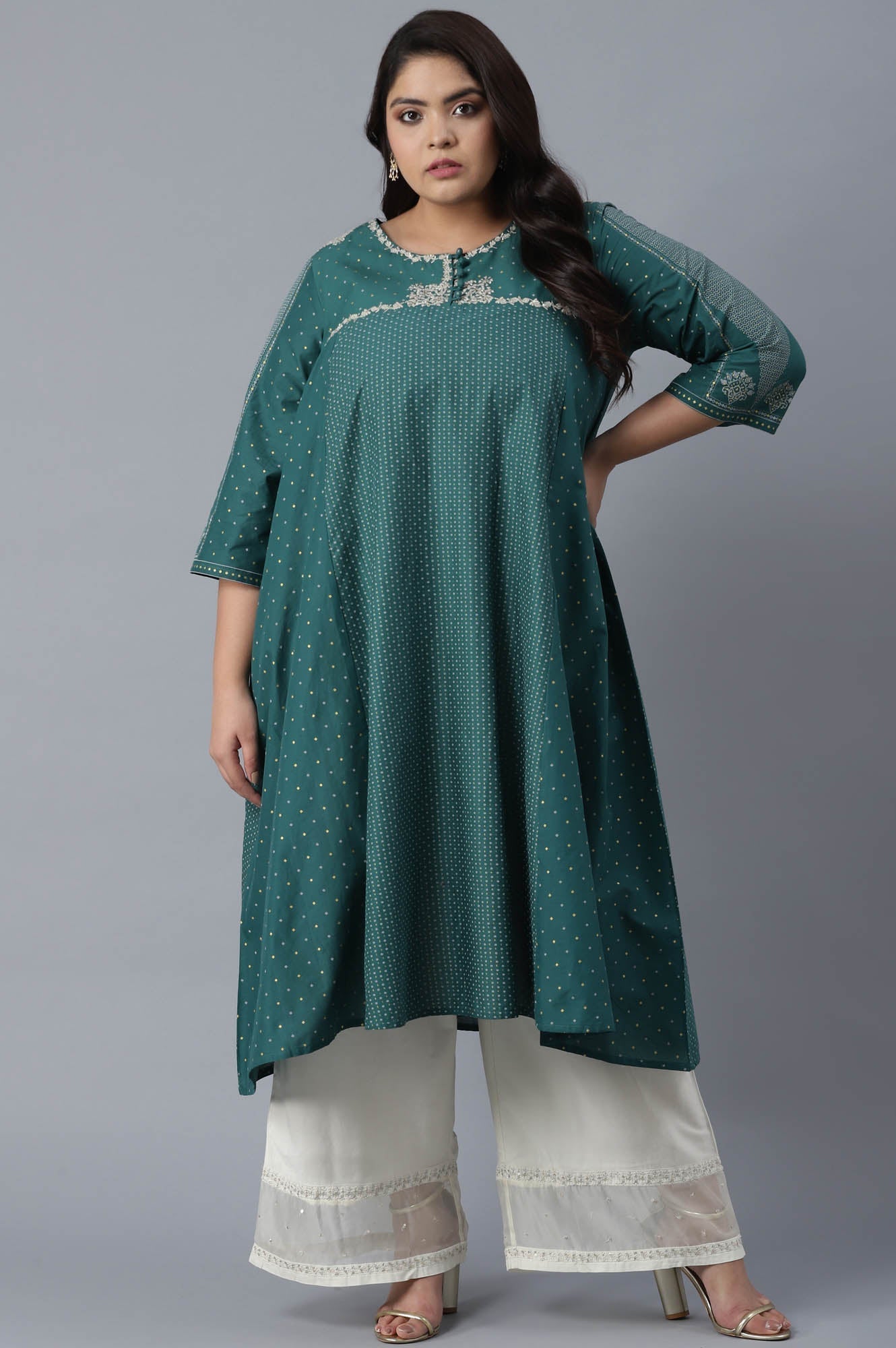 W for Woman Green Polka Dots Printed Flared kurta
