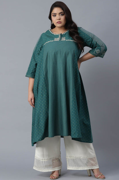 W for Woman Green Polka Dots Printed Flared kurta