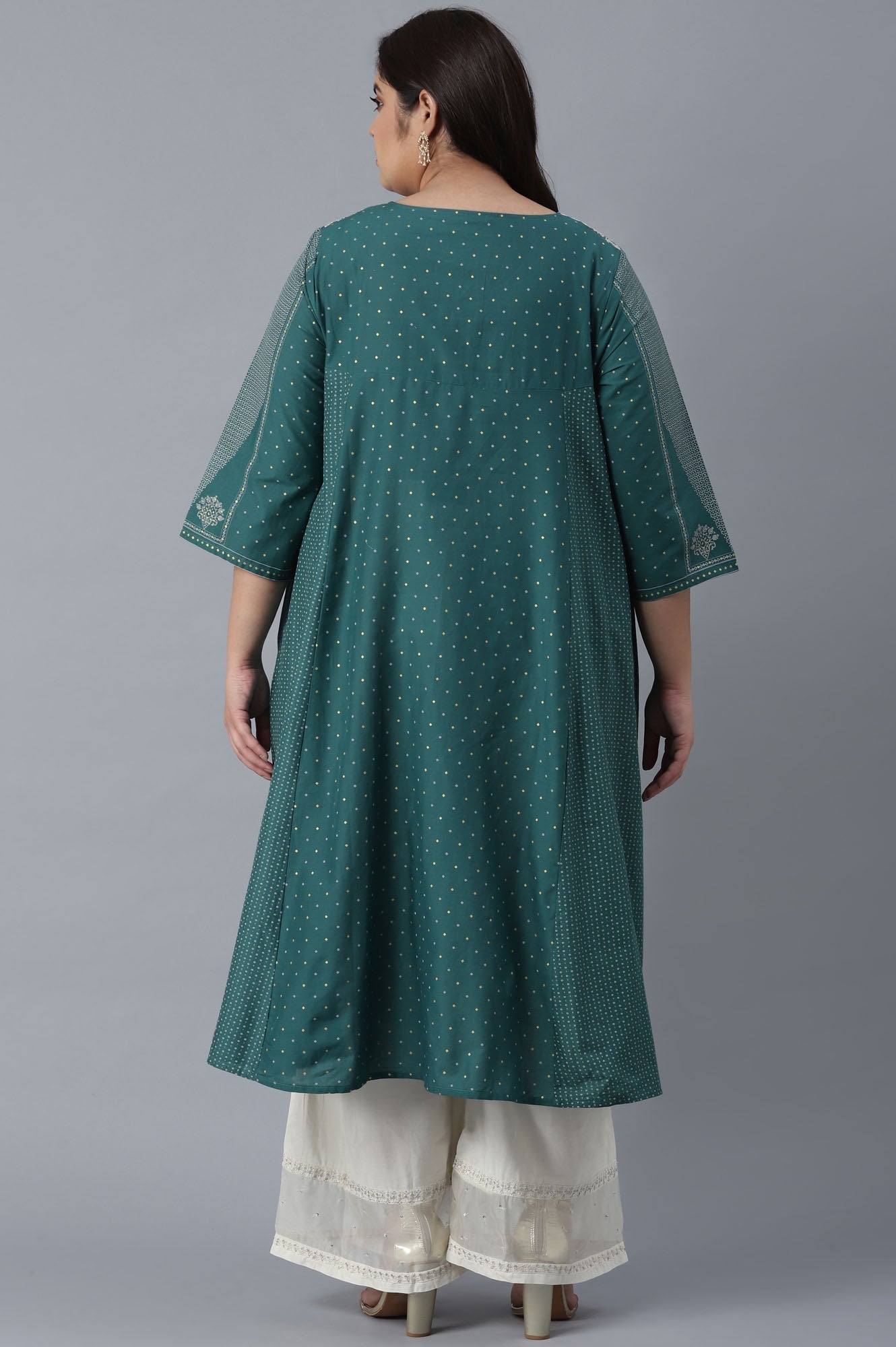 W for Woman Green Polka Dots Printed Flared kurta
