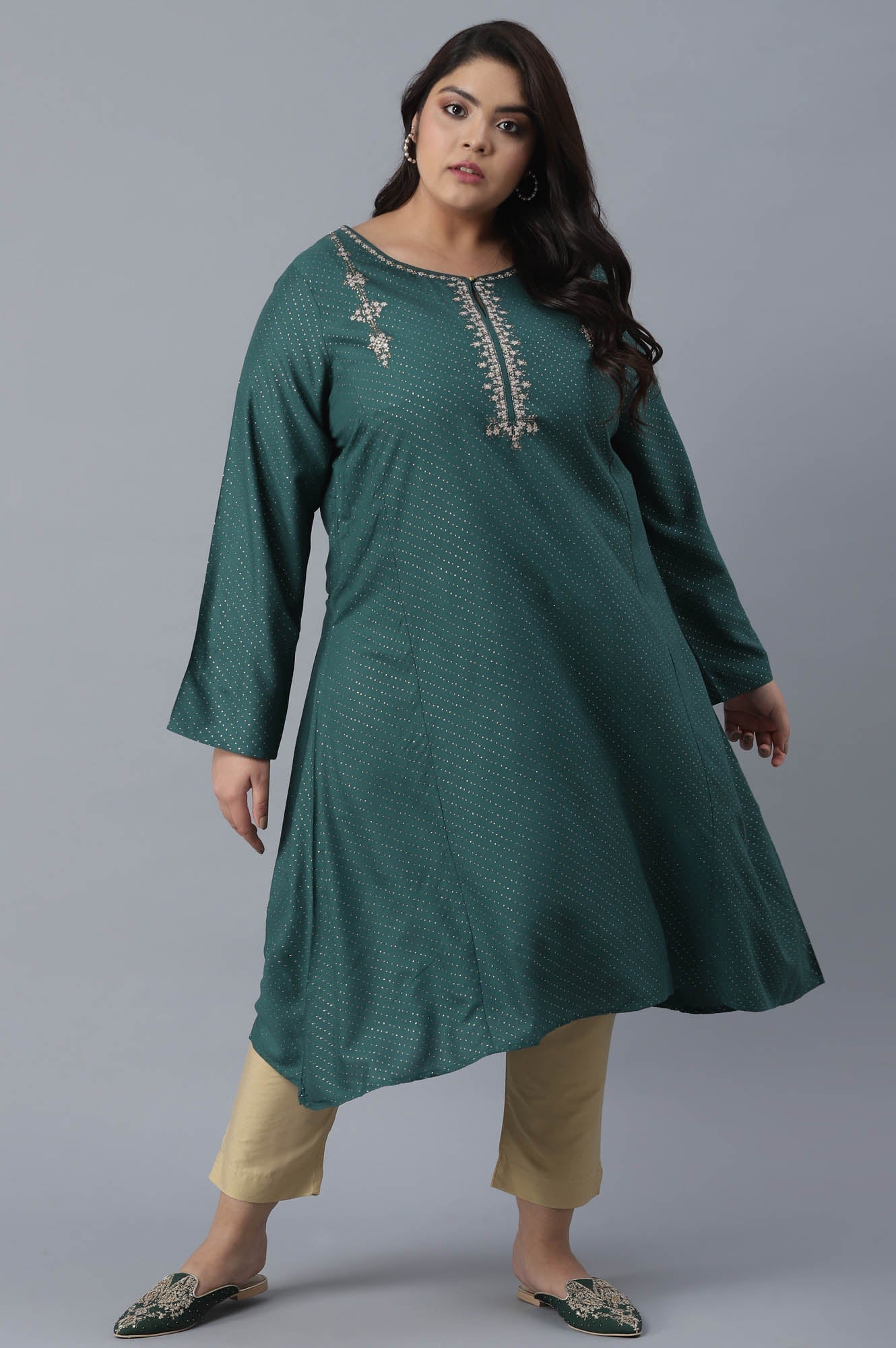 W for Woman Green Polka Dots Printed A-line kurta