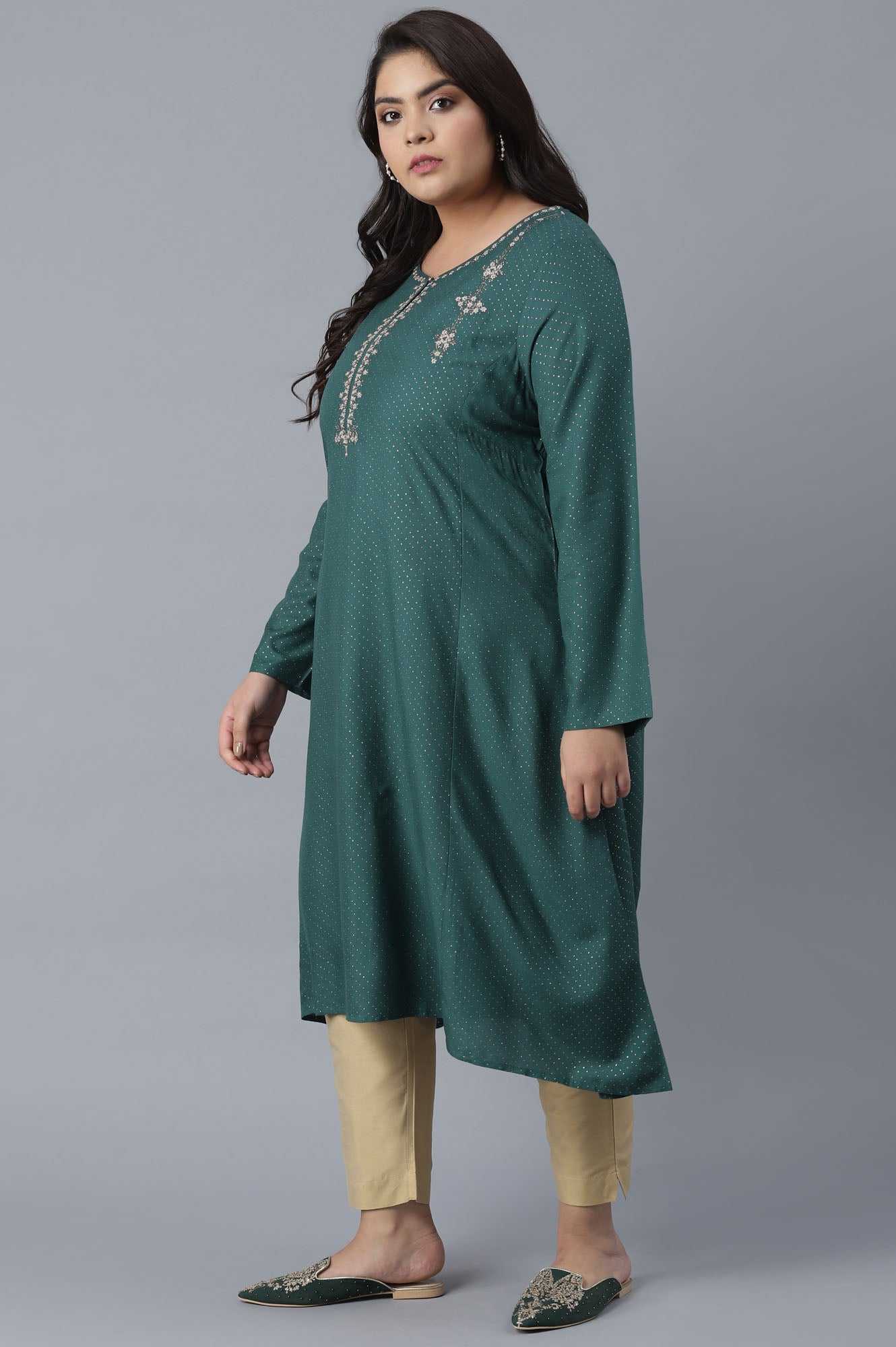 W for Woman Green Polka Dots Printed A-line kurta