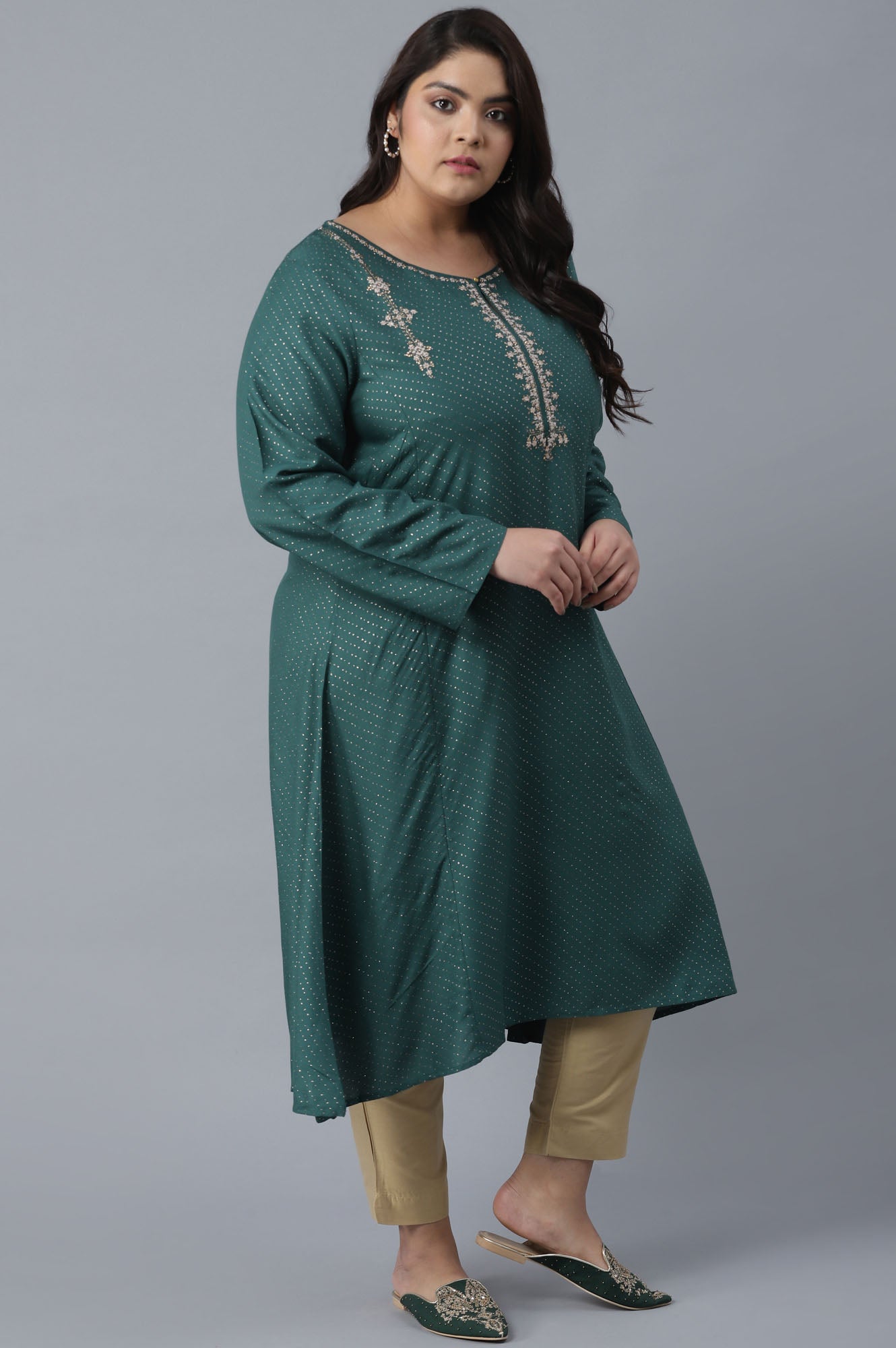 W for Woman Green Polka Dots Printed A-line kurta