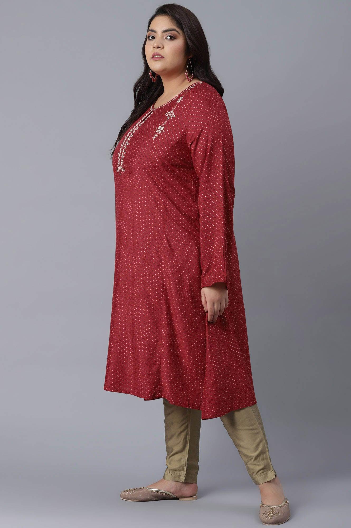 W for Woman Scarlet Red Polka Dots Print Flared kurta