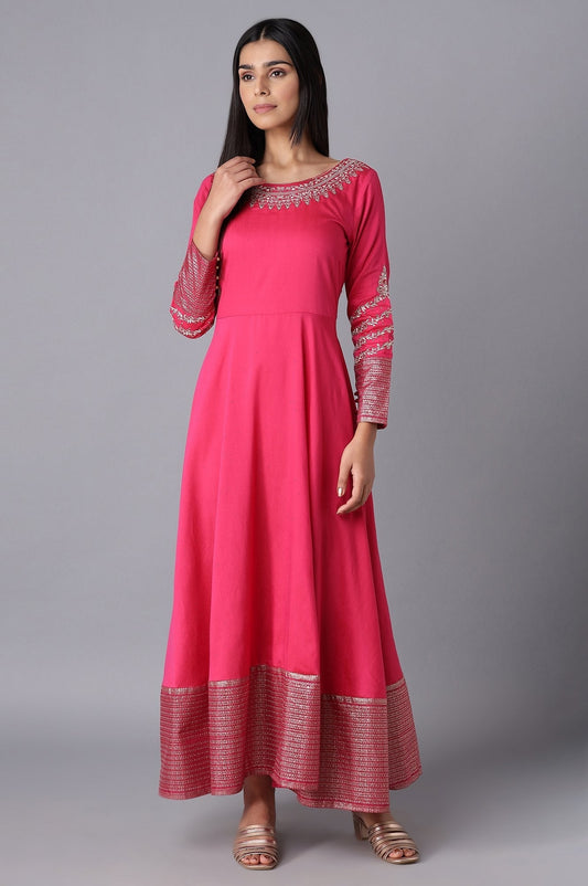 W for Woman Magenta Embroidered Festive Flared Dress
