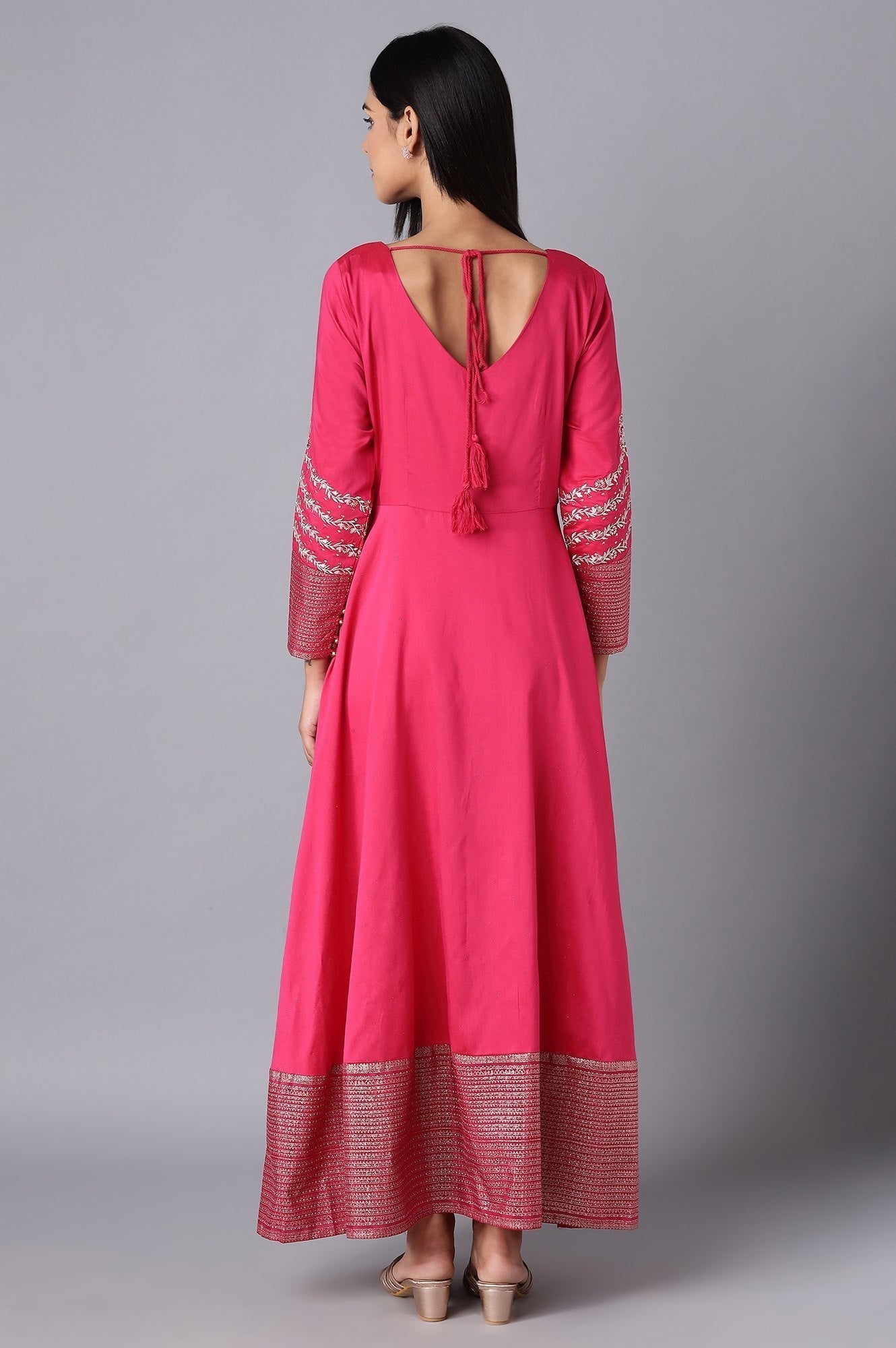 W for Woman Magenta Embroidered Festive Flared Dress