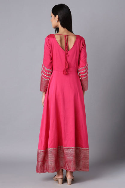 W for Woman Magenta Embroidered Festive Flared Dress