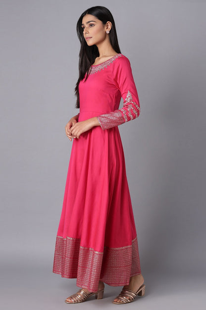 W for Woman Magenta Embroidered Festive Flared Dress