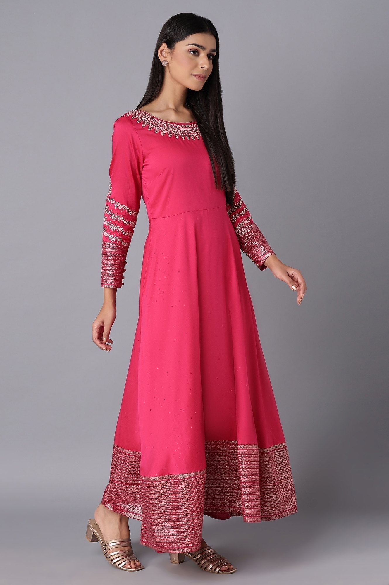 W for Woman Magenta Embroidered Festive Flared Dress