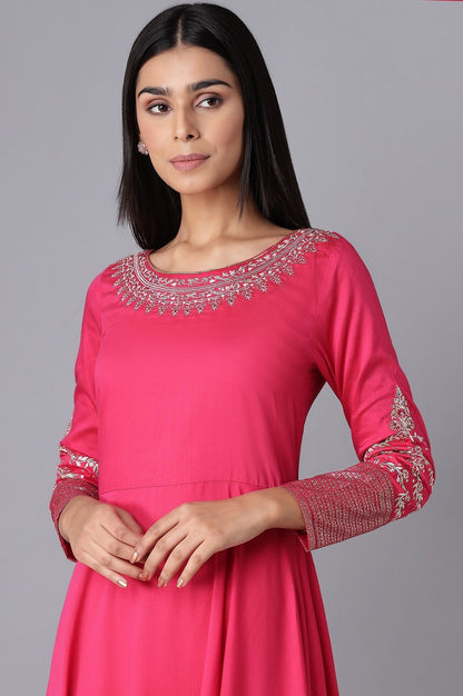 W for Woman Magenta Embroidered Festive Flared Dress